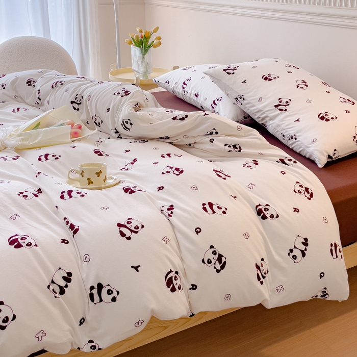 91家纺网 家纺一手货源 找家纺 伊嫚家居 新款日式新品全棉针织棉A类活性印花四件套天竺棉小碎花复古亲肤被罩床笠款套件 可爱熊猫