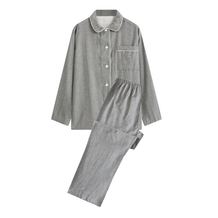 91家纺网 家纺一手货源 找家纺 伊嫚家居 2025新款无印日式双股全棉法兰绒家居服良品睡衣女纯棉直播秋冬款情侣睡衣 纯麻灰女