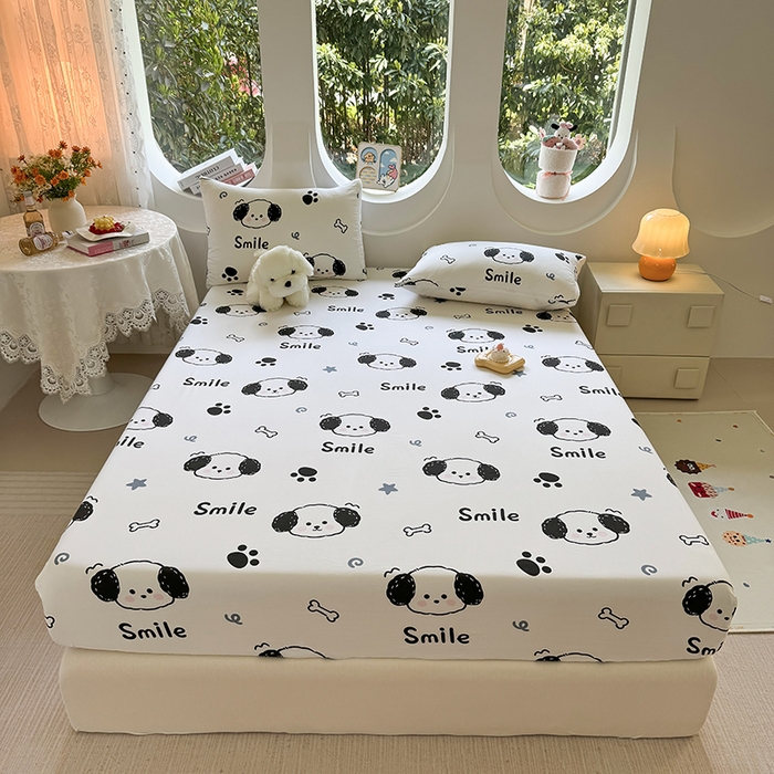 91家纺网 家纺一手货源 找家纺 十一家居 2025新款ins韩系卡通印花亲肤水洗棉床笠 微笑狗狗