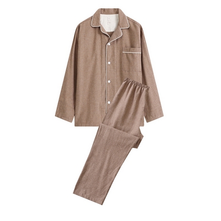 伊嫚家居 2025新款无印日式双股全棉法兰绒家居服良品睡衣女纯棉直播秋冬款情侣睡衣 纯棕色男