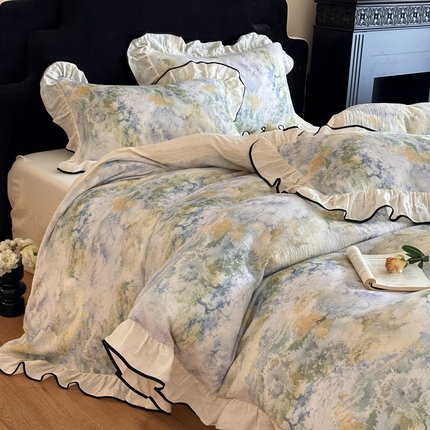 91家纺网 家纺一手货源 找家纺 （总）索飞特家纺 2025新款全棉纯棉双层法式皱皱纱数码印花四件套