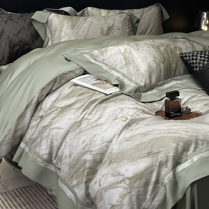 91家纺网 家纺一手货源 找家纺  2025新品A类100支天丝棉夹棉床盖床笠四件套全棉纯棉床单加厚高端数码印花长绒棉夏季轻奢真丝床上用品 布里奇-绿