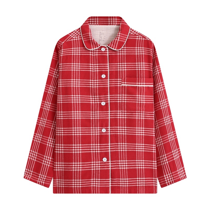 91家纺网 家纺一手货源 找家纺 伊嫚家居 2025新款无印日式双股全棉法兰绒家居服良品睡衣女纯棉直播秋冬款情侣睡衣 红色大格