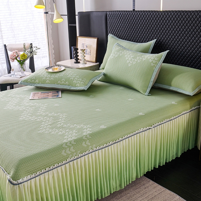 91家纺网 家纺一手货源 找家纺 尚品凤凰2025新款凉感床裙渐变色豆豆席床裙凉席直角席 凉席席子 爱心床裙 绿色