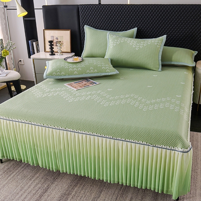 91家纺网 家纺一手货源 找家纺 尚品凤凰2025新款凉感床裙渐变色豆豆席床裙凉席直角席 凉席席子 爱心床裙 绿色