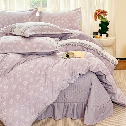 2026春夏新款拼色提花双层纱古法水洗床盖四件套提花云感棉 雅韵紫
