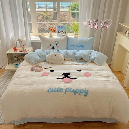 顾里家纺 2025新款甜系表情包云朵棉毛巾绣四件套 可爱狗