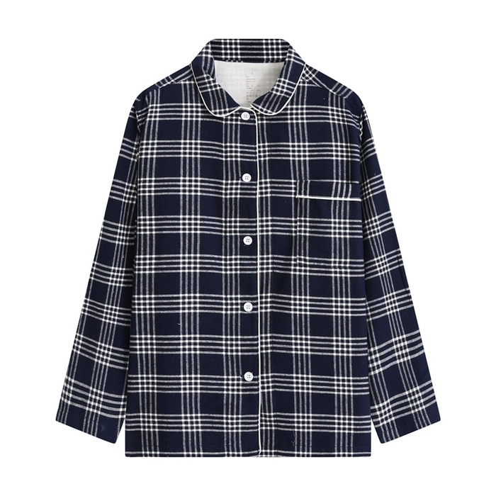 91家纺网 家纺一手货源 找家纺 伊嫚家居 2025新款无印日式双股全棉法兰绒家居服良品睡衣女纯棉直播秋冬款情侣睡衣 藏青色大格男