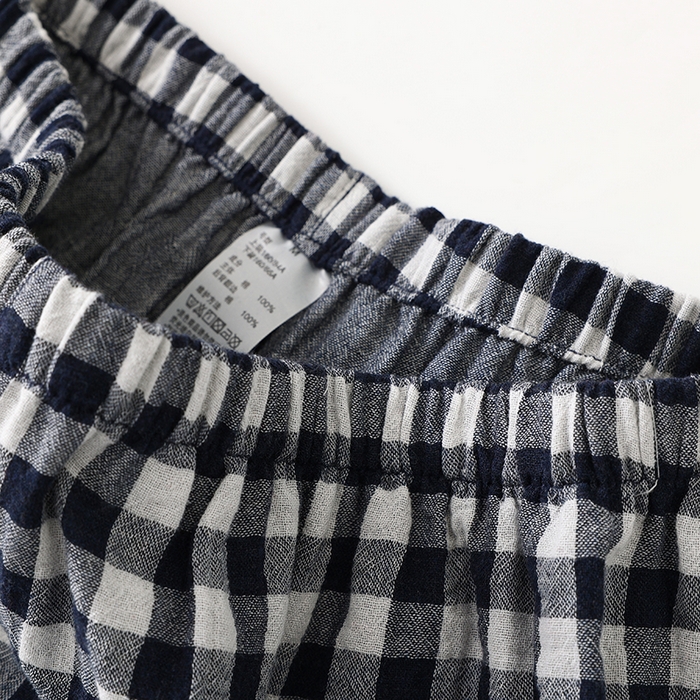 91家纺网 家纺一手货源 找家纺 伊嫚家居 2025新款日式无印风良品全棉双层纱睡衣女纯棉短袖短裤睡衣夏季纯棉短袖家居服 藏青小格男