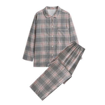 伊嫚家居 2025新款无印日式双股全棉法兰绒家居服良品睡衣女纯棉直播秋冬款情侣睡衣 浅粉灰格女