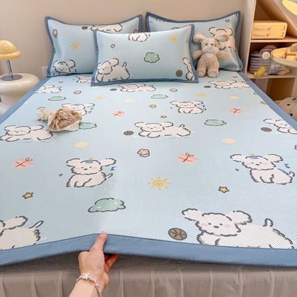 典曼家纺 2025新款600D数码印花冰藤席席子凉席-床席款 玩耍小狗-蓝