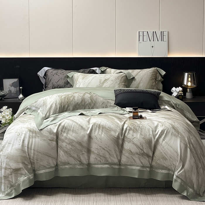 91家纺网 家纺一手货源 找家纺 A类母婴级天丝棉夹棉床盖床笠四件套全棉纯棉纯色长绒棉真丝保护罩高级感印花床上用品 布里奇-绿