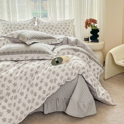 91家纺网 家纺一手货源 找家纺 2026春夏新款拼色提花双层纱古法水洗床盖四件套提花云感棉 雅韵
