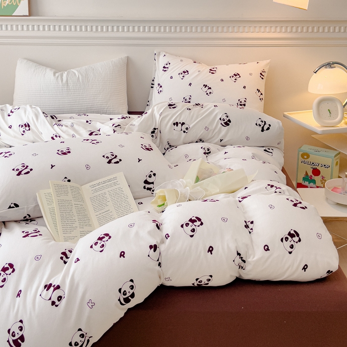 91家纺网 家纺一手货源 找家纺 伊嫚家居 新款日式新品全棉针织棉A类活性印花四件套天竺棉小碎花复古亲肤被罩床笠款套件 可爱熊猫