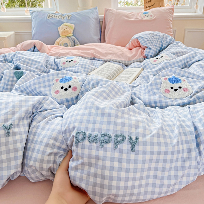 91家纺网 家纺一手货源 找家纺 海岛哥哥 2025新款云柔棉毛巾绣 四件套 毛巾绣-帽子小狗