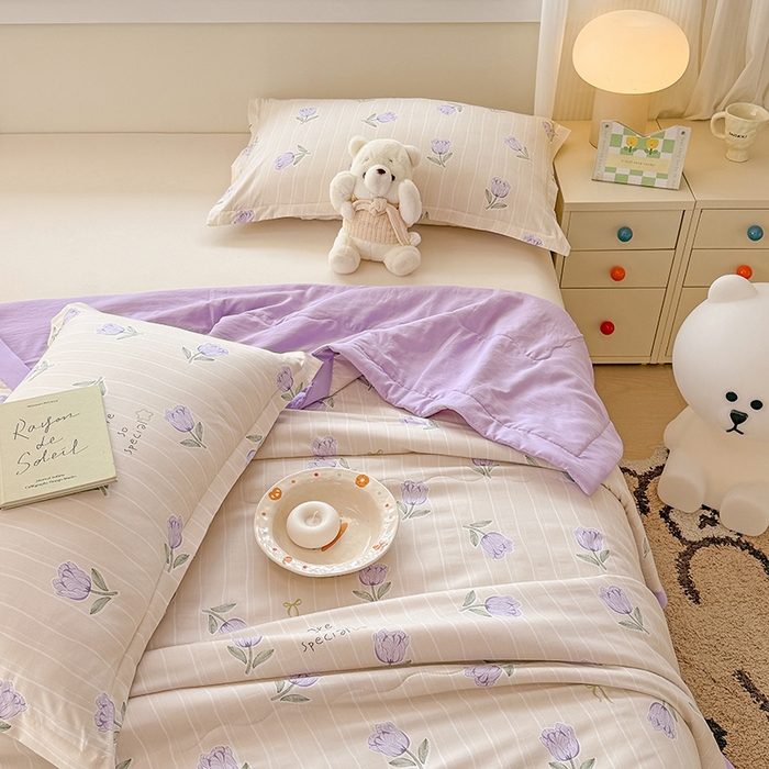 91家纺网 家纺一手货源 找家纺 雪鲨家纺  2025新款A类水洗棉夏被新疆棉花夏凉被空调被可机洗薄被子被芯 郁金香紫