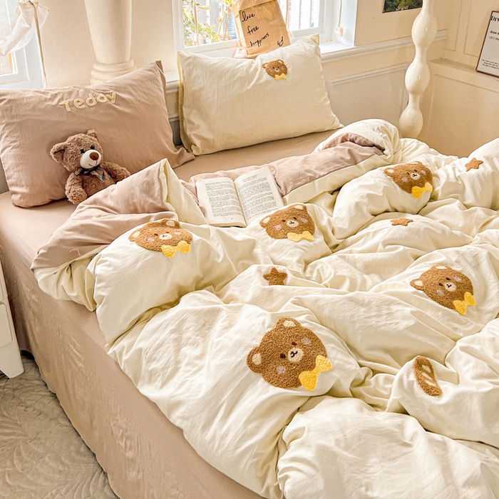 91家纺网 家纺一手货源 找家纺 海岛哥哥 2025新款云柔棉毛巾绣 四件套 毛巾绣-面包小熊