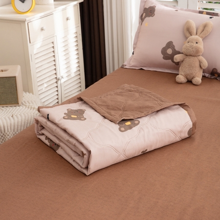 乐居坊2025新款亲肤舒适印花芦荟棉夏凉被四件套 小熊咖