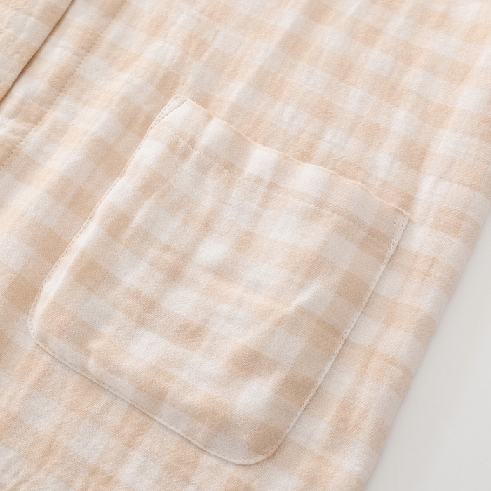 91家纺网 家纺一手货源 找家纺 伊嫚家居 2025新款日式无印风良品全棉双层纱睡衣女纯棉短袖短裤睡衣夏季纯棉短袖家居服 米色格女