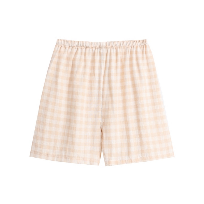 91家纺网 家纺一手货源 找家纺 伊嫚家居 2025新款日式无印风良品全棉双层纱睡衣女纯棉短袖短裤睡衣夏季纯棉短袖家居服 米色格女