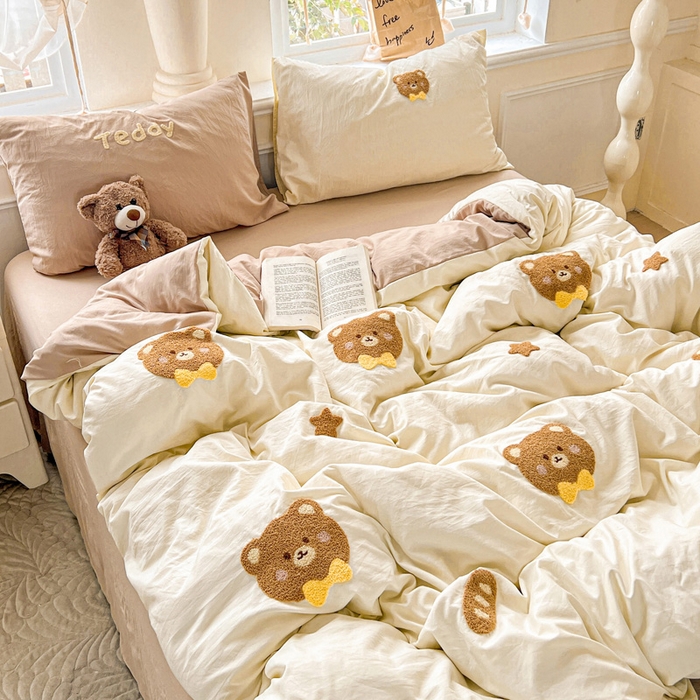 91家纺网 家纺一手货源 找家纺 海岛哥哥 2025新款云柔棉毛巾绣 四件套 毛巾绣-面包小熊