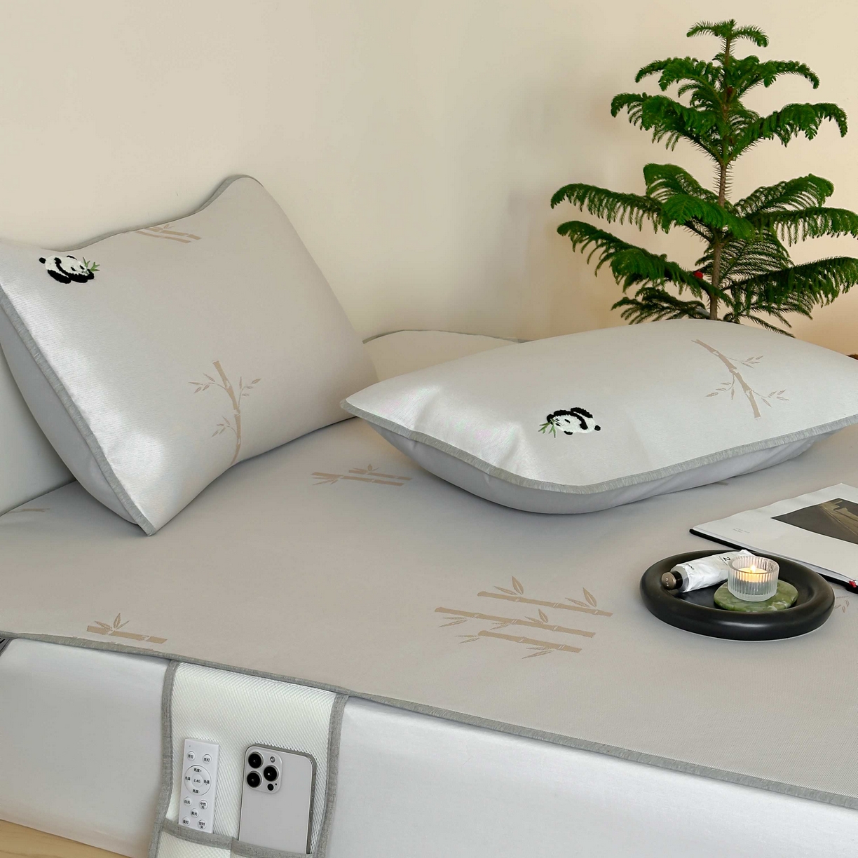 91家纺网 家纺一手货源 找家纺 2025新款抗菌防螨熊猫系列毛巾绣提花冰丝养生席-终版 熊猫高升床席