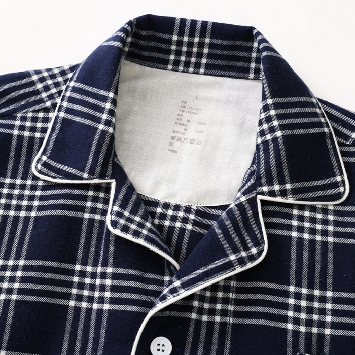 91家纺网 家纺一手货源 找家纺 伊嫚家居 2025新款无印日式双股全棉法兰绒家居服良品睡衣女纯棉直播秋冬款情侣睡衣 藏青色大格女