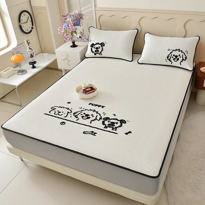 91家纺网 家纺一手货源 找家纺 炫拼  2025新款A类凉豆豆华夫格卡通绣花床笠款三件套 随意的狗