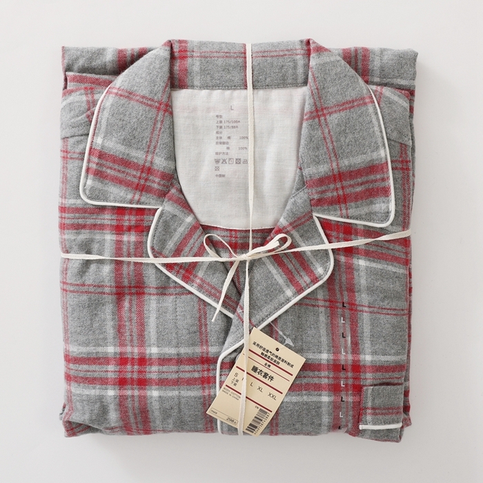 91家纺网 家纺一手货源 找家纺 伊嫚家居 2025新款无印日式双股全棉法兰绒家居服良品睡衣女纯棉直播秋冬款情侣睡衣 混灰色大格女