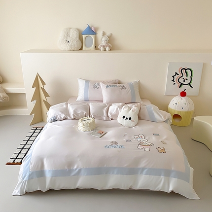 （总）星野 2025新款超柔天丝棉精致刺绣贴布绣四件套-学院兔