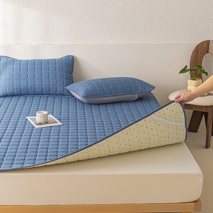 91家纺网 家纺一手货源 找家纺 欧邦 2025春夏新款四季款无印风纯色水洗棉床褥榻榻米床垫 床笠-深蓝