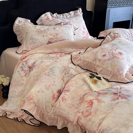 91家纺网 家纺一手货源 找家纺 （总）索飞特家纺 2025新款全棉纯棉双层法式皱皱纱数码印花四件套