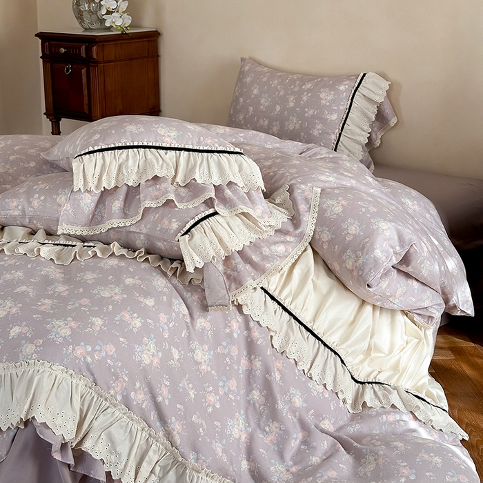 91家纺网 家纺一手货源 找家纺 婳庭家居 2025新款双层纱褶皱花边款四件套 紫萱