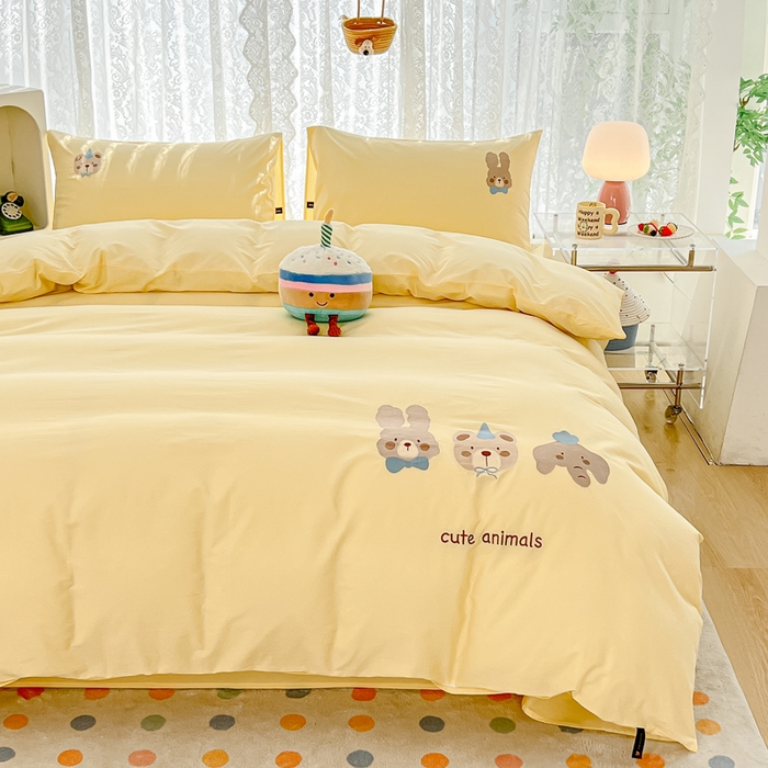 91家纺网 家纺一手货源 找家纺 曼町家居 2025春夏新款40支全棉纯棉水洗棉刺绣四件套 元气星喵-奶油黄