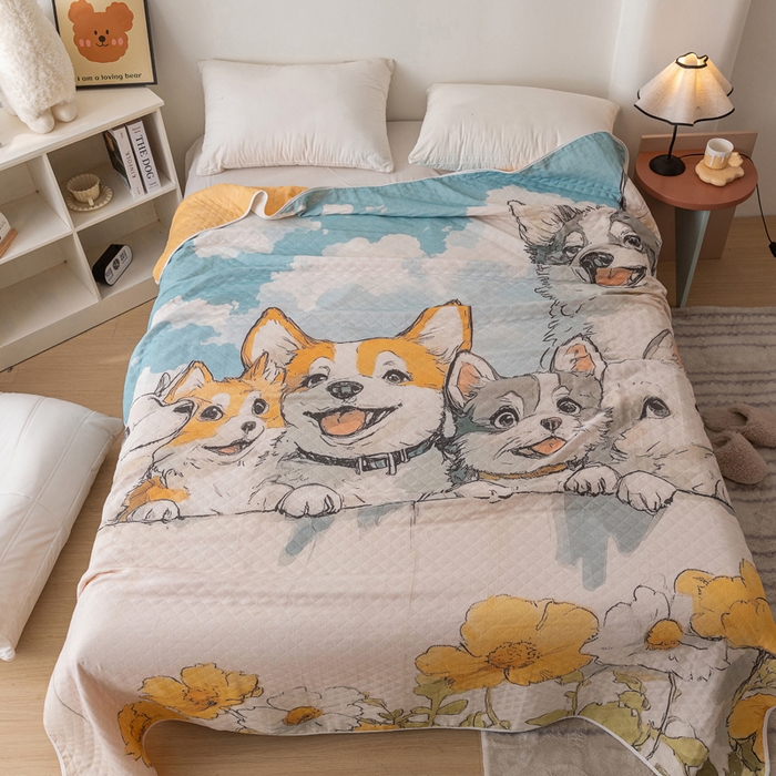 91家纺网 家纺一手货源 找家纺 乐家毛巾被 2025春夏新款全棉纯棉六层大版印花毛巾被 雏菊狗狗