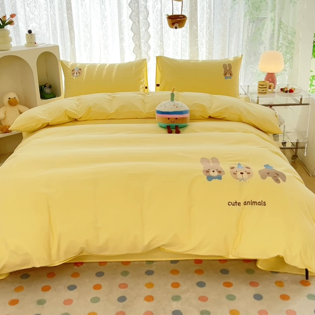 91家纺网 家纺一手货源 找家纺 曼町家居 2025春夏新款40支全棉纯棉水洗棉刺绣四件套 元气星喵-奶油黄