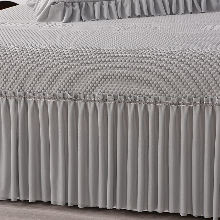 91家纺网 家纺一手货源 找家纺 诺梵家纺 2025新款 pe 乙纶立体提花凉豆豆席凉席床裙款【控价1.5米119 ；1.8米129；2.0米139】 金钱树-灰