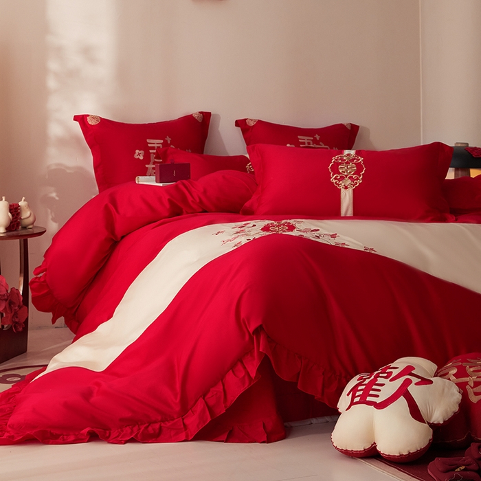 91家纺网 家纺一手货源 找家纺 （总）玉雅家纺 2025新款长绒棉花边款刺绣时尚婚庆四件套