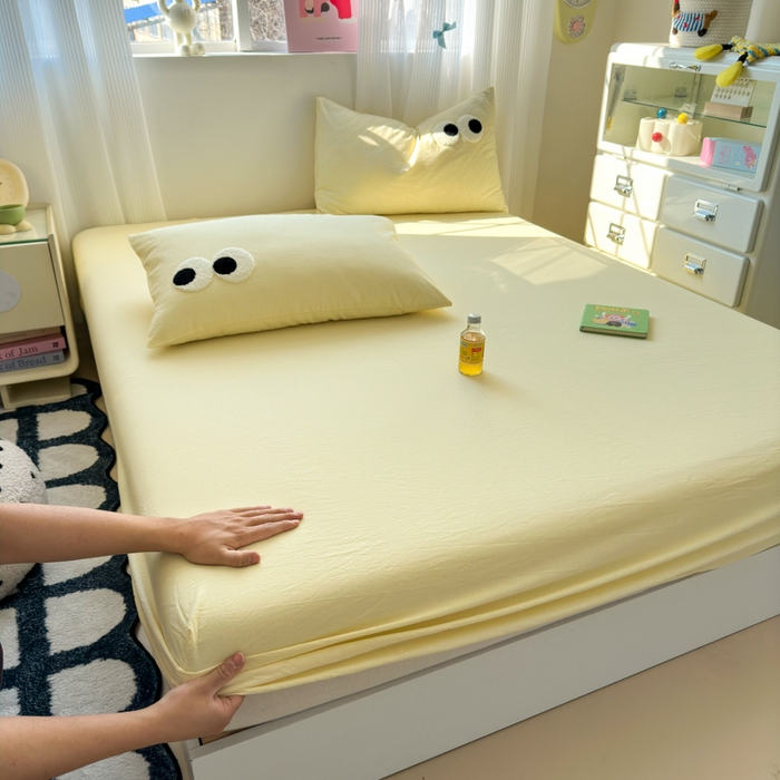 91家纺网 家纺一手货源 找家纺 丽涵家纺 丽涵新品 全棉色织水洗棉单品床笠-床笠三件套 奶黄色