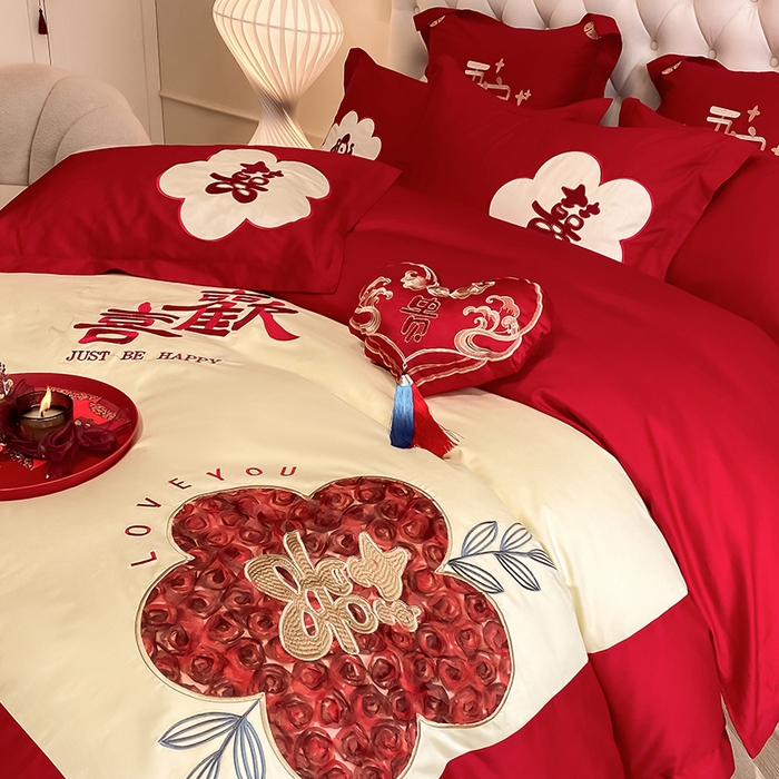 91家纺网 家纺一手货源 找家纺 玉雅家纺 2025新款长绒棉花边款刺绣时尚婚庆四件套 欢喜乐