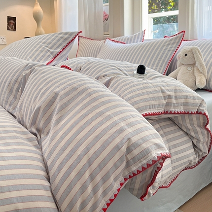 91家纺网 家纺一手货源 找家纺 （总）莱茵家居 2025新款全棉色织水洗棉贝壳包边四件套生椰系列