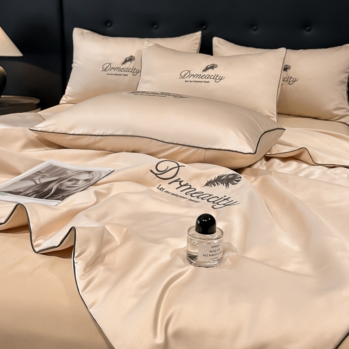 91家纺网 家纺一手货源 找家纺 伊梵居 2025新款水洗真丝刺绣夏被四件套 梦羽-卡其