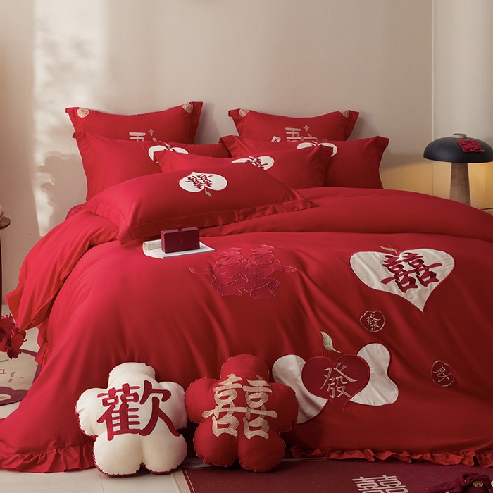 91家纺网 家纺一手货源 找家纺 玉雅家纺 2025新款长绒棉花边款刺绣时尚婚庆四件套 花边款-喜發