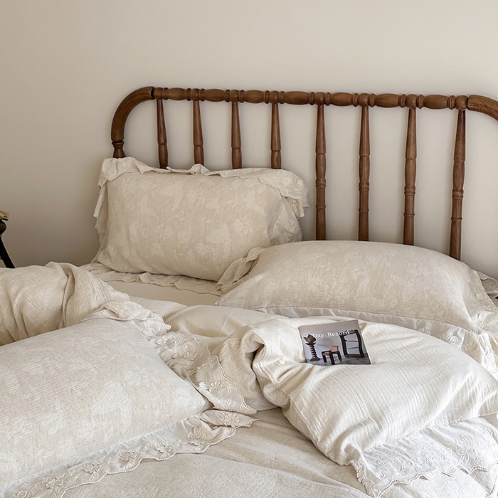 91家纺网 家纺一手货源 找家纺 山舍家居2025新款纯棉棉麻色织提花刺绣花边款四件套-蝶梦晚落 蝶梦晚落-麻本色