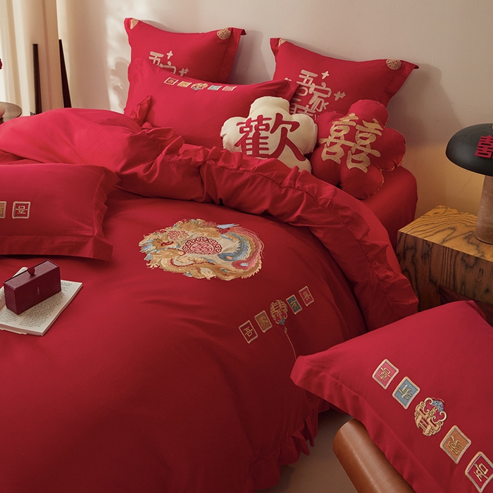 91家纺网 家纺一手货源 找家纺 玉雅家纺 2025新款长绒棉花边款刺绣时尚婚庆四件套 花边款-今世缘