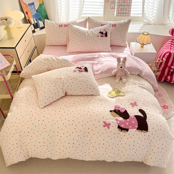 91家纺网 家纺一手货源 找家纺 多品 2025春夏新款水洗棉毛巾绣卡通系列四件套-系列二 心愿狗