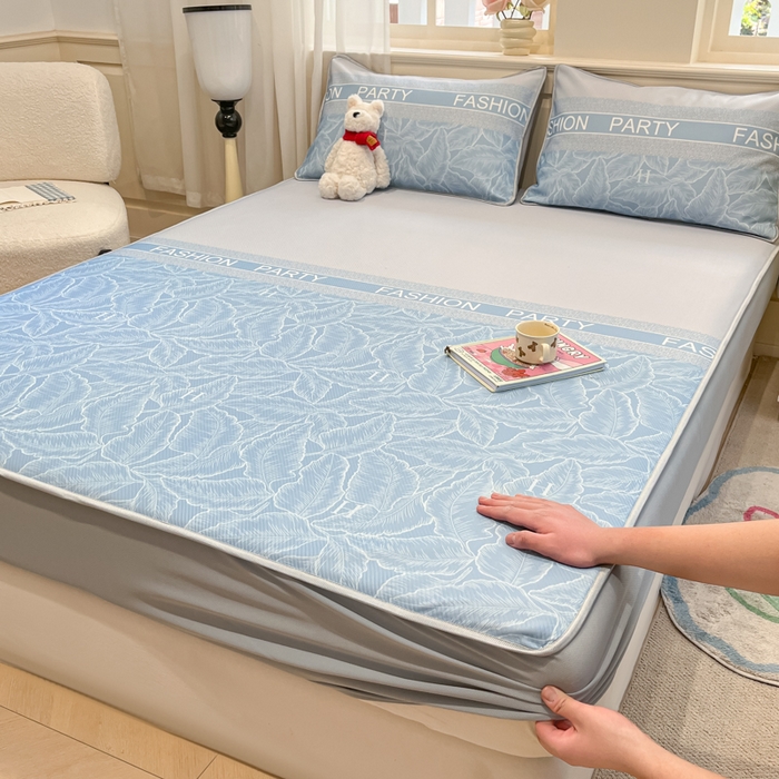 91家纺网 家纺一手货源 找家纺 星座家纺 2025新款复合提花凉感丝凉席三件套床笠款 叶之语-蓝 床笠款