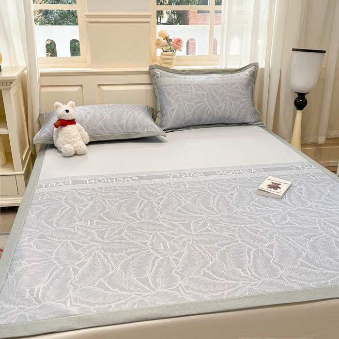 91家纺网 家纺一手货源 找家纺 星座家纺 2025新款复合提花凉感丝凉席三件套平铺款 叶之语-灰