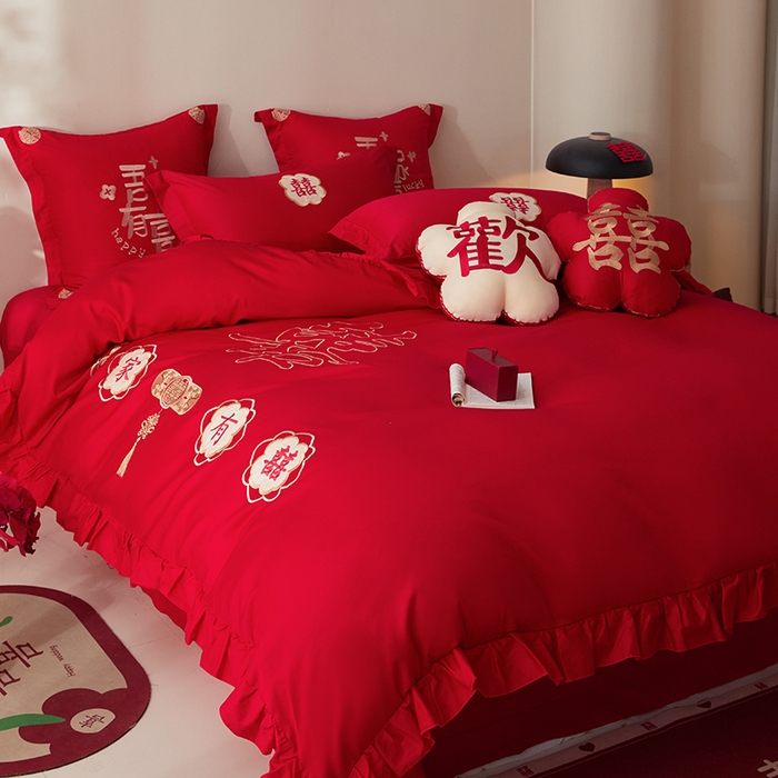 91家纺网 家纺一手货源 找家纺 玉雅家纺 2025新款长绒棉花边款刺绣时尚婚庆四件套 花边款-双喜临门