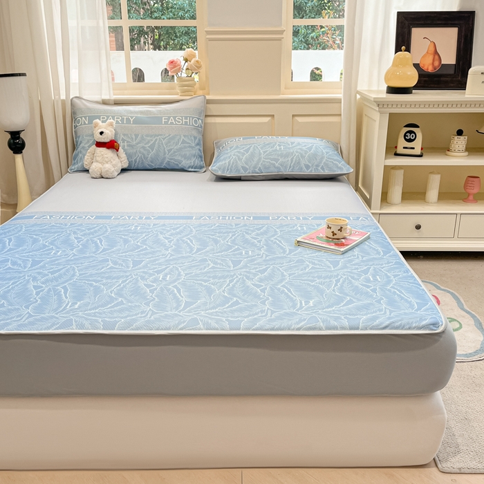 91家纺网 家纺一手货源 找家纺 星座家纺 2025新款复合提花凉感丝凉席三件套床笠款 叶之语-蓝 床笠款